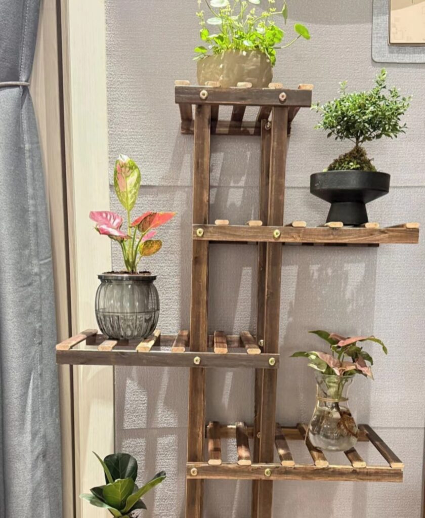 Multi-tier rustic carbonized wood corner plant stand for indoor living room potted flower display