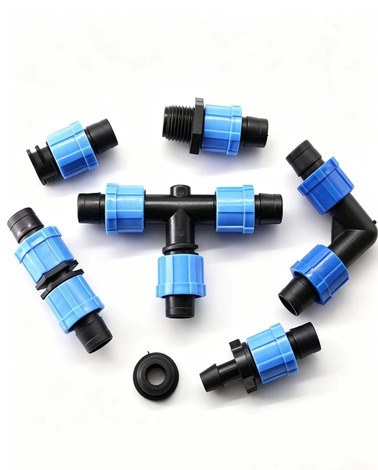 PE plastic quick connect irrigation pipe fittings, tee elbow straight connector for farm drip irrigation tubing and water storage bag accessories