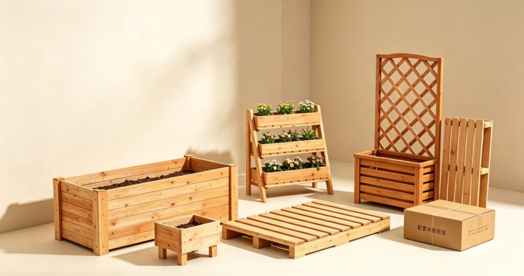 Custom wooden garden planter boxes, flower racks and wooden pallet packaging for outdoor wholesale